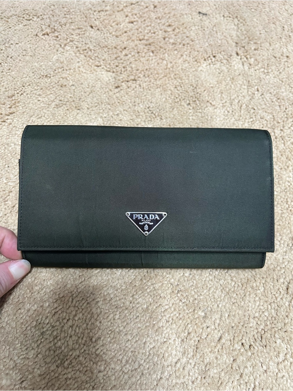 Prada Dark Olive Green Tessuto Nylon Continental Flap Wallet
